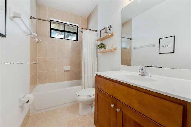 bathroom featuring vanity, shower / tub combo, tile patterned flooring, and toilet