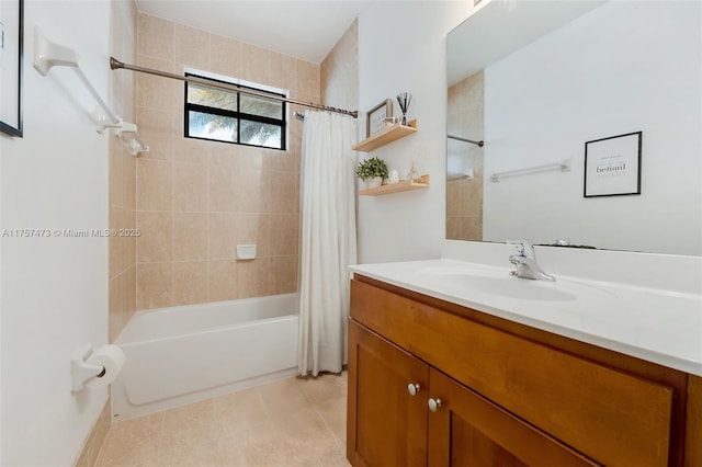 full bath featuring tile patterned flooring, vanity, and shower / tub combo with curtain