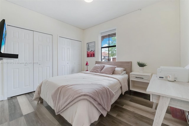 bedroom with wood finished floors and two closets