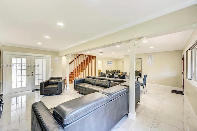 living room featuring baseboards, stairs, marble finish floor, french doors, and crown molding