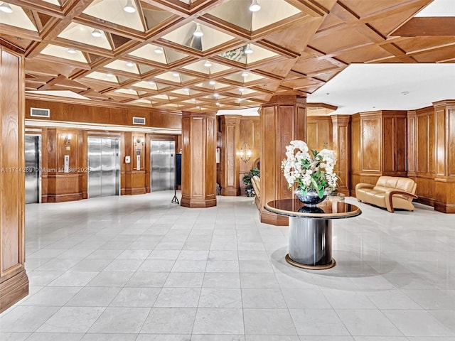 1865 S Ocean Dr Unit 10B, Hallandale Beach, FL 33009 - common area featuring wooden walls, coffered ceiling, and recessed lighting