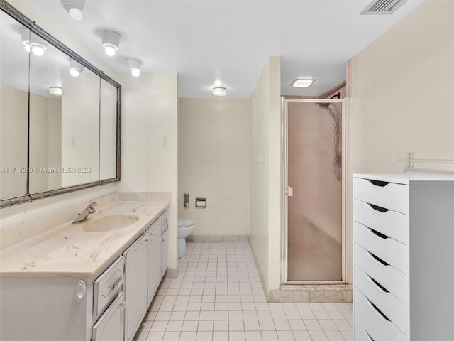 bathroom with visible vents, toilet, tile patterned floors, vanity, and a shower stall