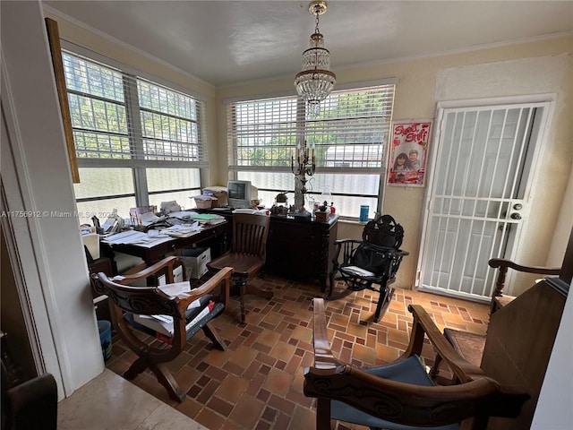 office area with brick floor and ornamental molding