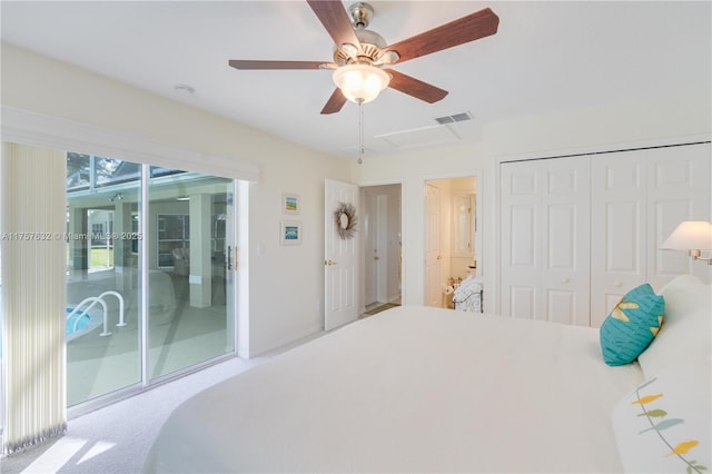 1132 Riverbend Dr, La Belle, FL 33935 - bedroom with access to exterior, a closet, visible vents, and a ceiling fan