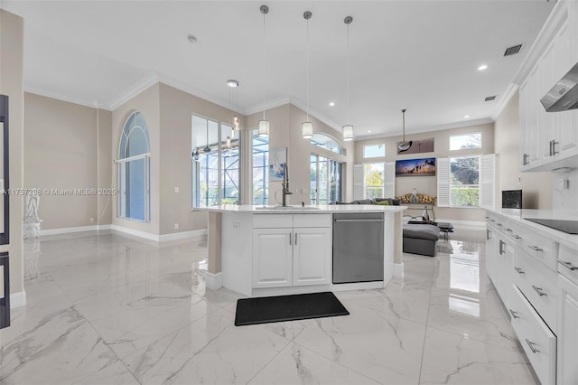 kitchen featuring ornamental molding, open floor plan, marble finish floor, and stainless steel dishwasher