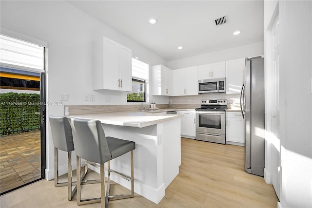 kitchen with visible vents, a peninsula, stainless steel appliances, white cabinetry, and backsplash