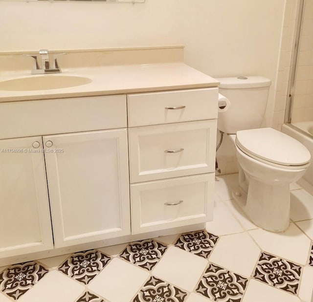 full bathroom with a shower, a bathing tub, vanity, and toilet