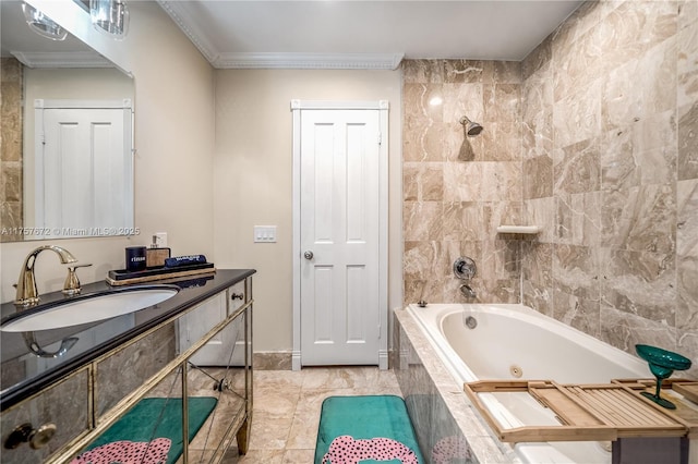 bathroom with ornamental molding, a combined bath / shower with jetted tub, and vanity