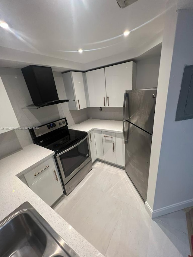 kitchen with stainless steel appliances, electric panel, white cabinets, and ventilation hood