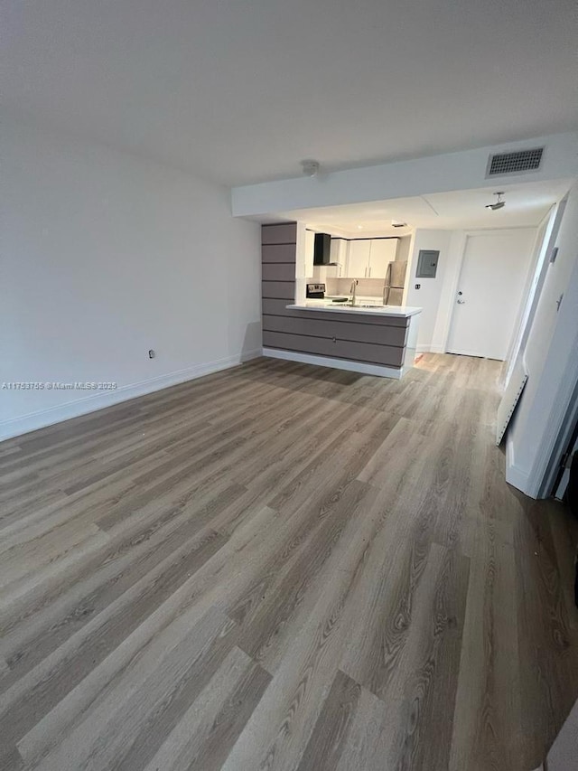 unfurnished living room with visible vents, a sink, baseboards, and wood finished floors