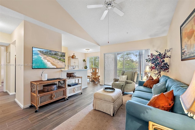 living room with lofted ceiling, a textured ceiling, wood finished floors, and baseboards