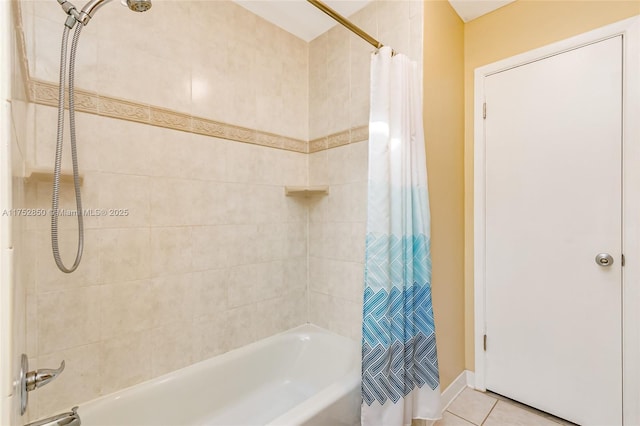 full bath featuring shower / tub combo with curtain and tile patterned flooring