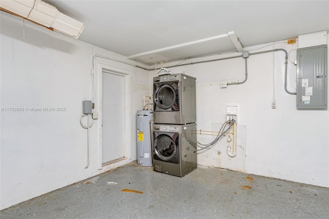 basement with water heater, stacked washing maching and dryer, and electric panel