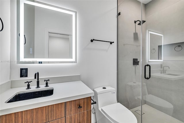 full bathroom with toilet, a stall shower, and vanity