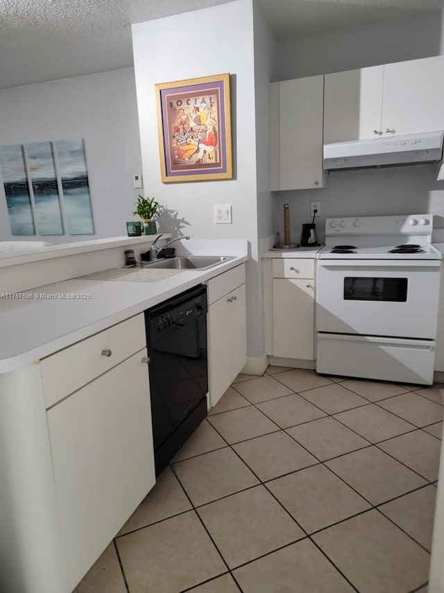 kitchen with electric range, a sink, light countertops, under cabinet range hood, and dishwasher