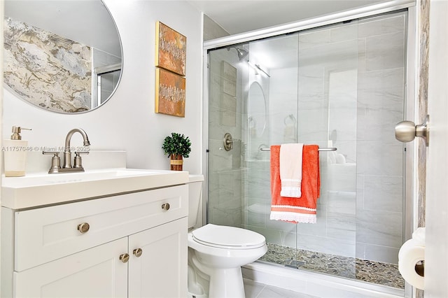 full bath featuring a shower stall, toilet, and vanity