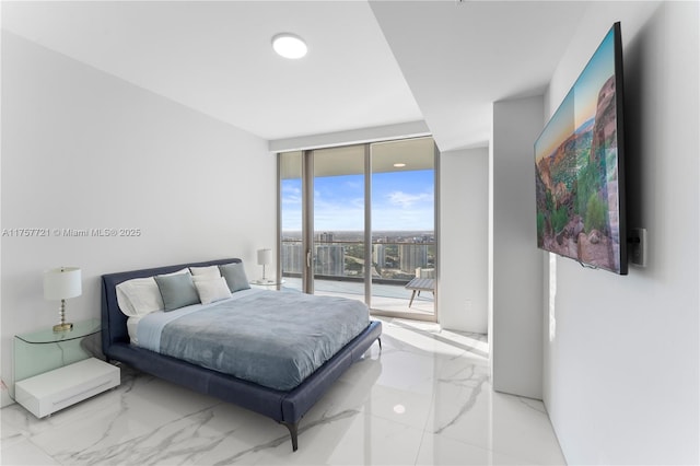 bedroom with expansive windows, access to outside, and marble finish floor