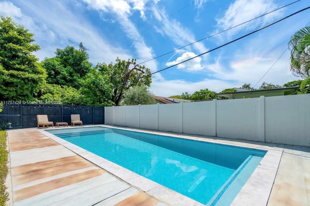 view of pool featuring a patio area, a fenced backyard, and a fenced in pool