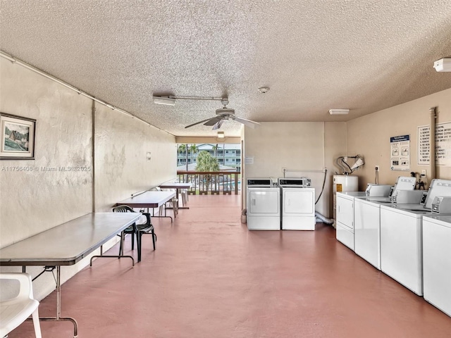 shared laundry area with ceiling fan, water heater, washer and clothes dryer, and a textured ceiling