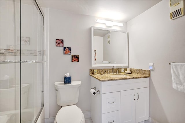 bathroom with toilet, an enclosed shower, visible vents, and vanity