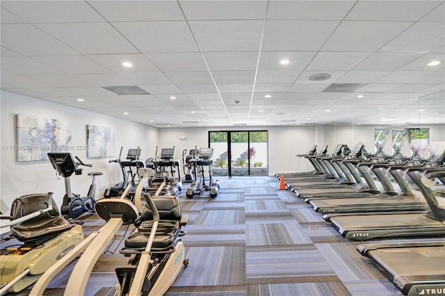 gym featuring carpet floors and recessed lighting