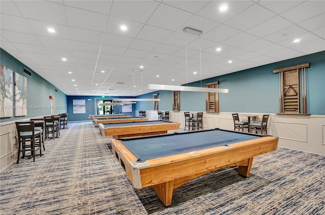 recreation room with carpet floors, recessed lighting, visible vents, and pool table