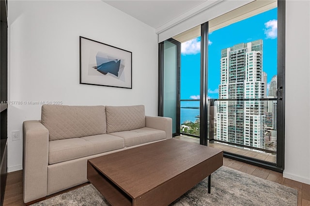 living area with baseboards, floor to ceiling windows, a city view, and wood finished floors