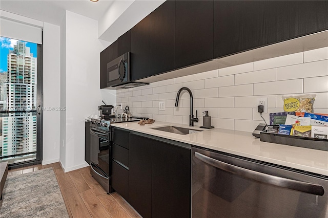 kitchen featuring light wood-style flooring, a sink, appliances with stainless steel finishes, dark cabinetry, and decorative backsplash