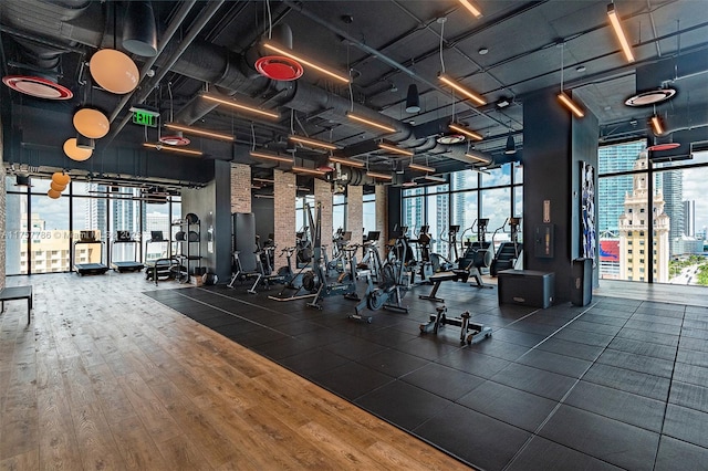 exercise room featuring a wall of windows, wood finished floors, and a healthy amount of sunlight