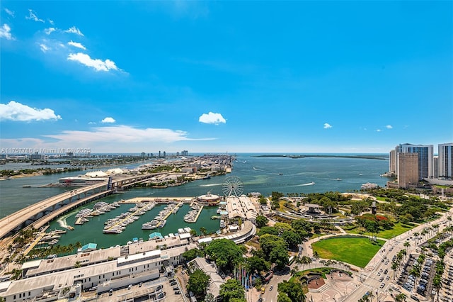 drone / aerial view featuring a view of city and a water view