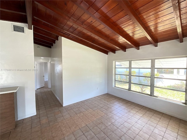 tiled spare room featuring lofted ceiling with beams, a wealth of natural light, wooden ceiling, and visible vents