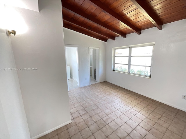 empty room featuring vaulted ceiling with beams, wooden ceiling, baseboards, and tile patterned floors