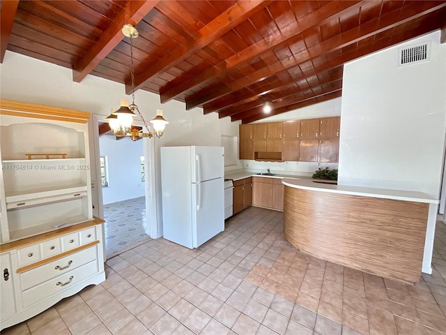 kitchen featuring white appliances, wooden ceiling, vaulted ceiling with beams, light countertops, and a sink