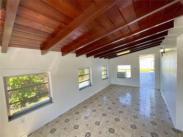 interior space with vaulted ceiling with beams, wooden ceiling, cooling unit, and tile patterned floors