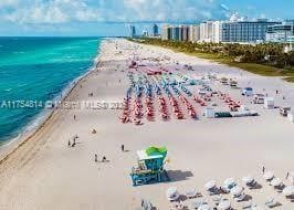 aerial view with a water view and a view of the beach