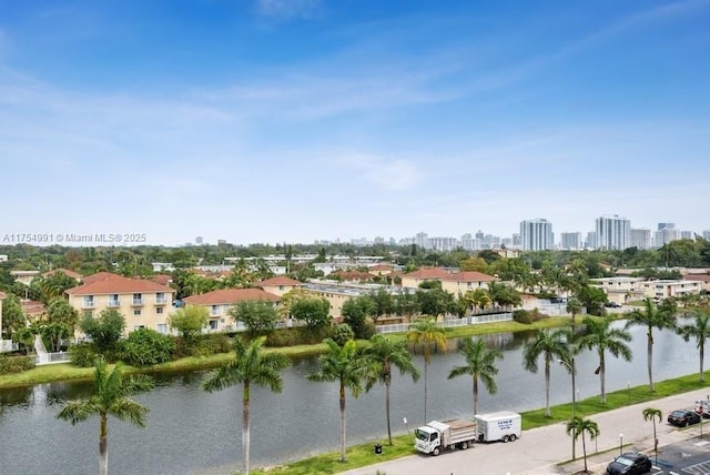 view of water feature with a city view