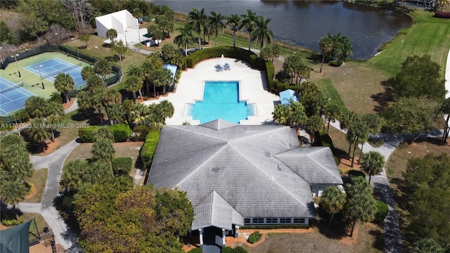 drone / aerial view featuring a water view