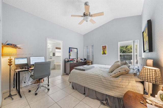 bedroom with light tile patterned floors, high vaulted ceiling, a ceiling fan, and ensuite bathroom