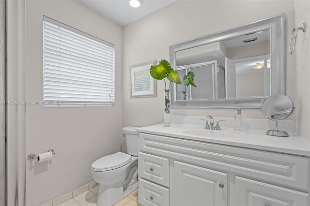 bathroom with tile patterned floors, visible vents, toilet, and vanity