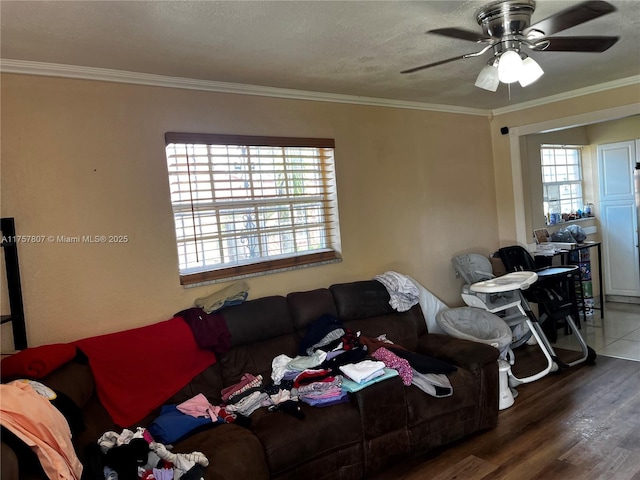 living area with ceiling fan, a textured ceiling, ornamental molding, and wood finished floors