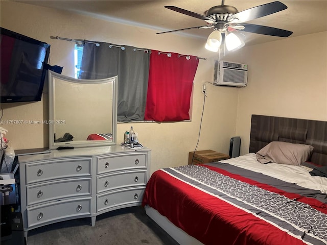 bedroom featuring ceiling fan and a wall mounted AC