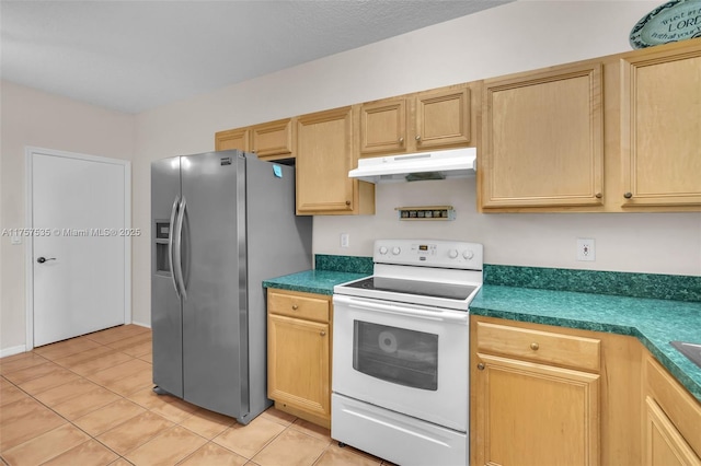 kitchen with stainless steel refrigerator with ice dispenser, light tile patterned floors, white electric range oven, light brown cabinetry, and under cabinet range hood