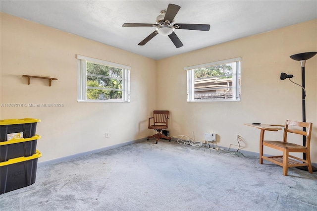 sitting room featuring plenty of natural light, baseboards, and carpet flooring