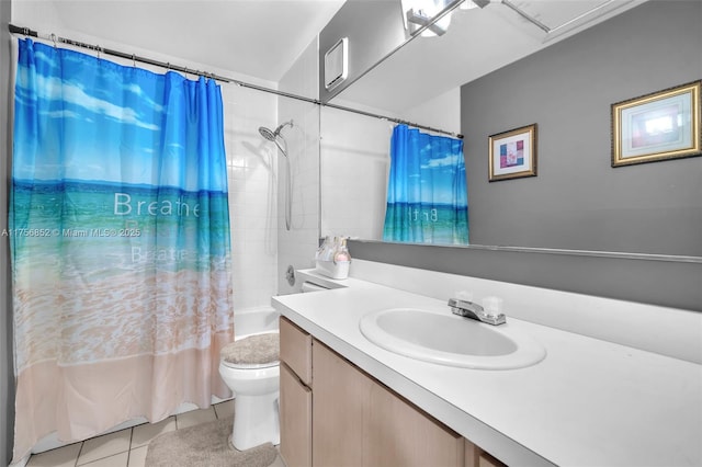 bathroom with toilet, vanity, shower / tub combo with curtain, and tile patterned floors