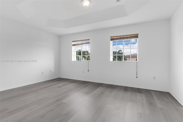 unfurnished room featuring a tray ceiling, baseboards, and wood finished floors