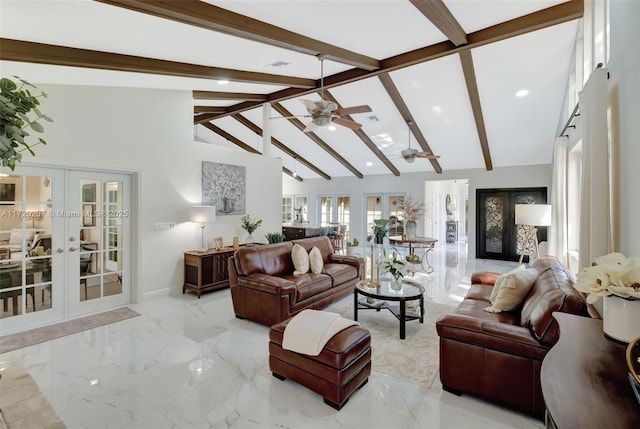 living area featuring marble finish floor, french doors, beam ceiling, and visible vents