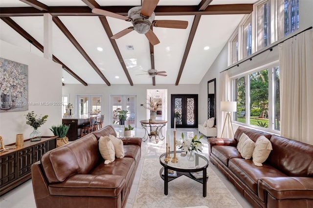 living area with high vaulted ceiling, recessed lighting, visible vents, french doors, and beamed ceiling