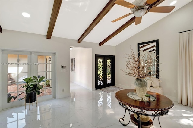 foyer featuring baseboards, vaulted ceiling with beams, marble finish floor, french doors, and recessed lighting