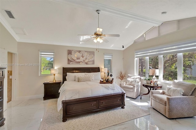 bedroom featuring marble finish floor, visible vents, multiple windows, and baseboards