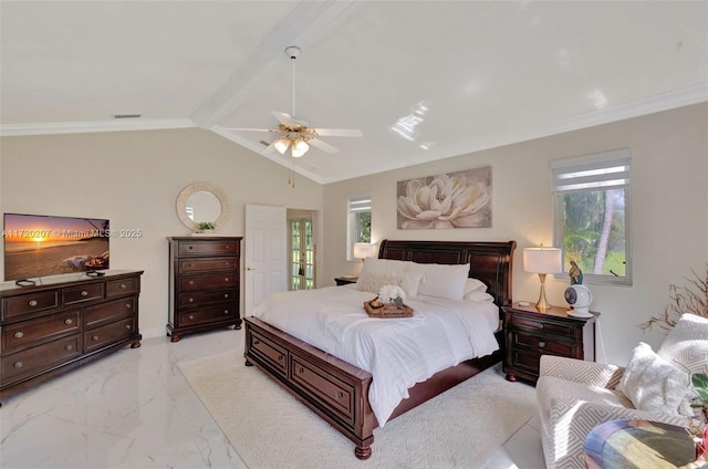 bedroom featuring lofted ceiling, visible vents, a ceiling fan, marble finish floor, and ornamental molding